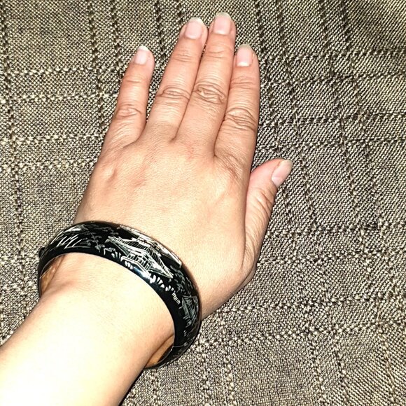 Vintage Japanese Damascene Niello Sterling Silver Pagoda Village Cuff Bangle - Picture 12 of 12